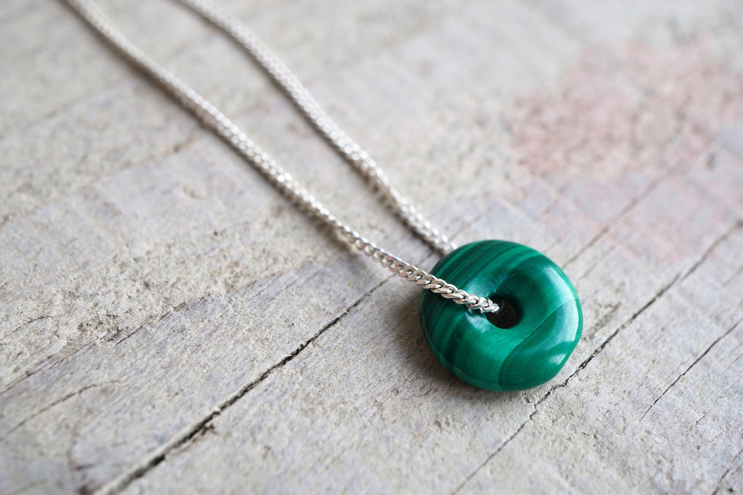Cute Malachite Donut Sterling Silver Necklace * Gift for her * Green stone * Protection stone