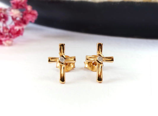 Gold Cross Stud Earrings with Diamond * Gold Plated Sterling Silver Stud * Faith jewellery