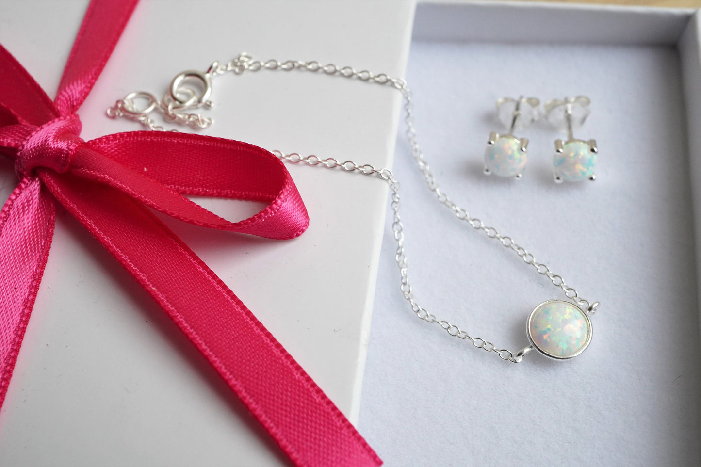 Opal Sterling Silver Dainty Stud & Bracelet Set*  Feminine Dainty bracelet * Opal jewellery