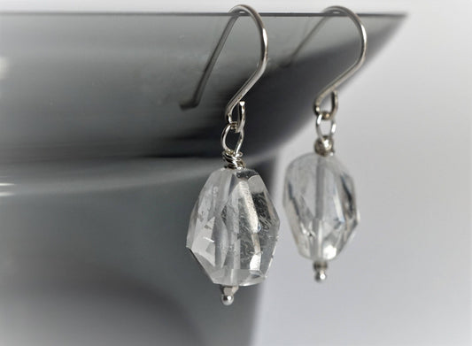 Faceted Rock Crystal Earrings * Sterling silver * Clear quartz * Meditative and calming stone * Chakra stone