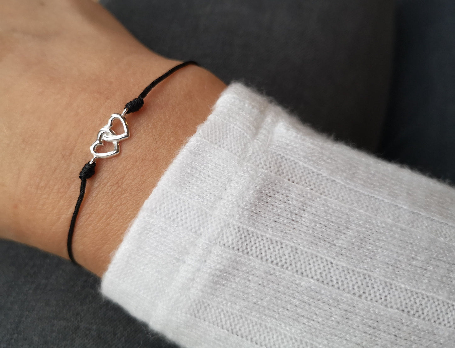 Sterling Silver Double Heart Black Cord Bracelet* Friendship bracelet* Dainty* Feminine* Love*