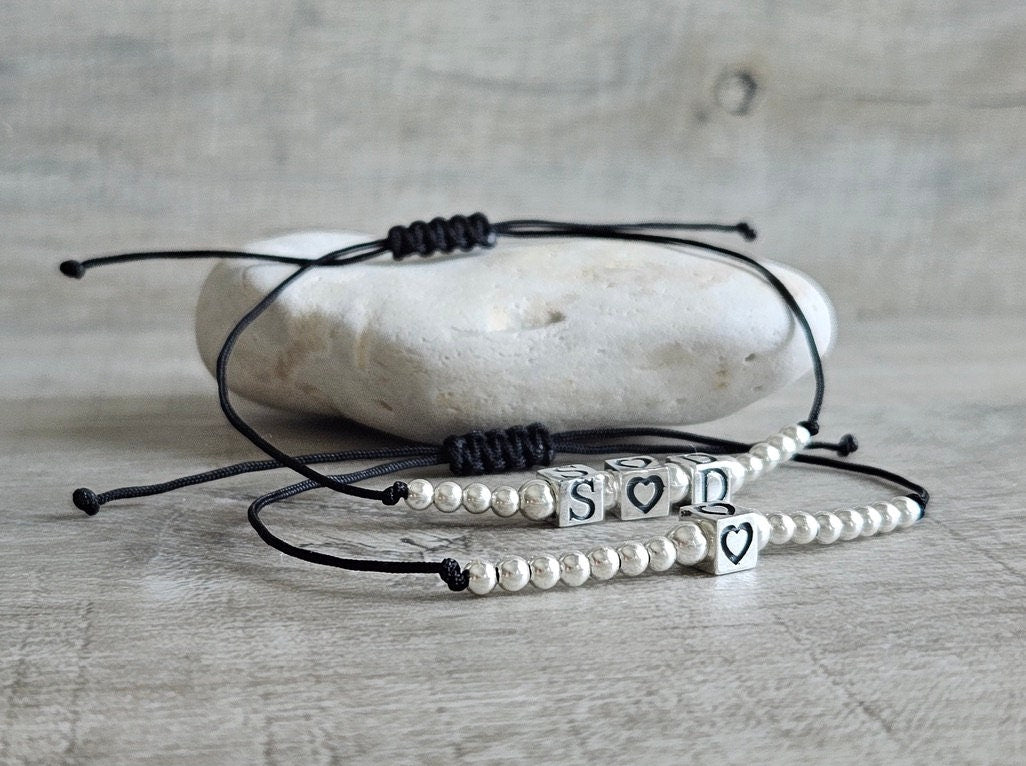 Sterling Silver Heart or Initial Cube Cord Bracelet* Love bracelet* Feminine*