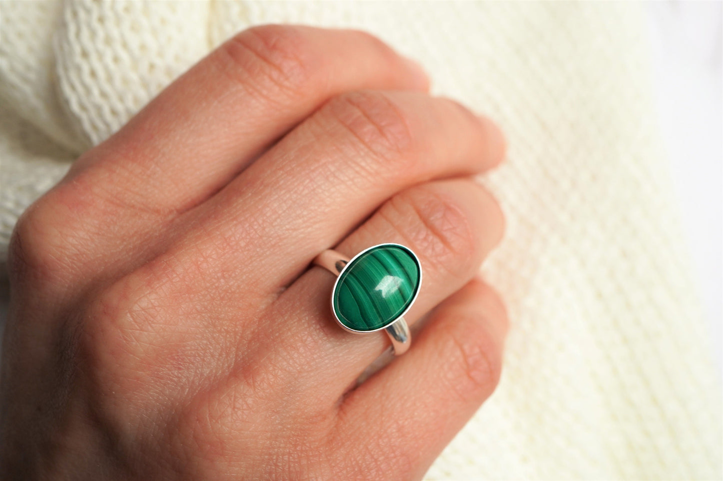 Malachite Sterling Silver Adjustable Ring * Green Stone ring * Gift for her * Minimalist ring