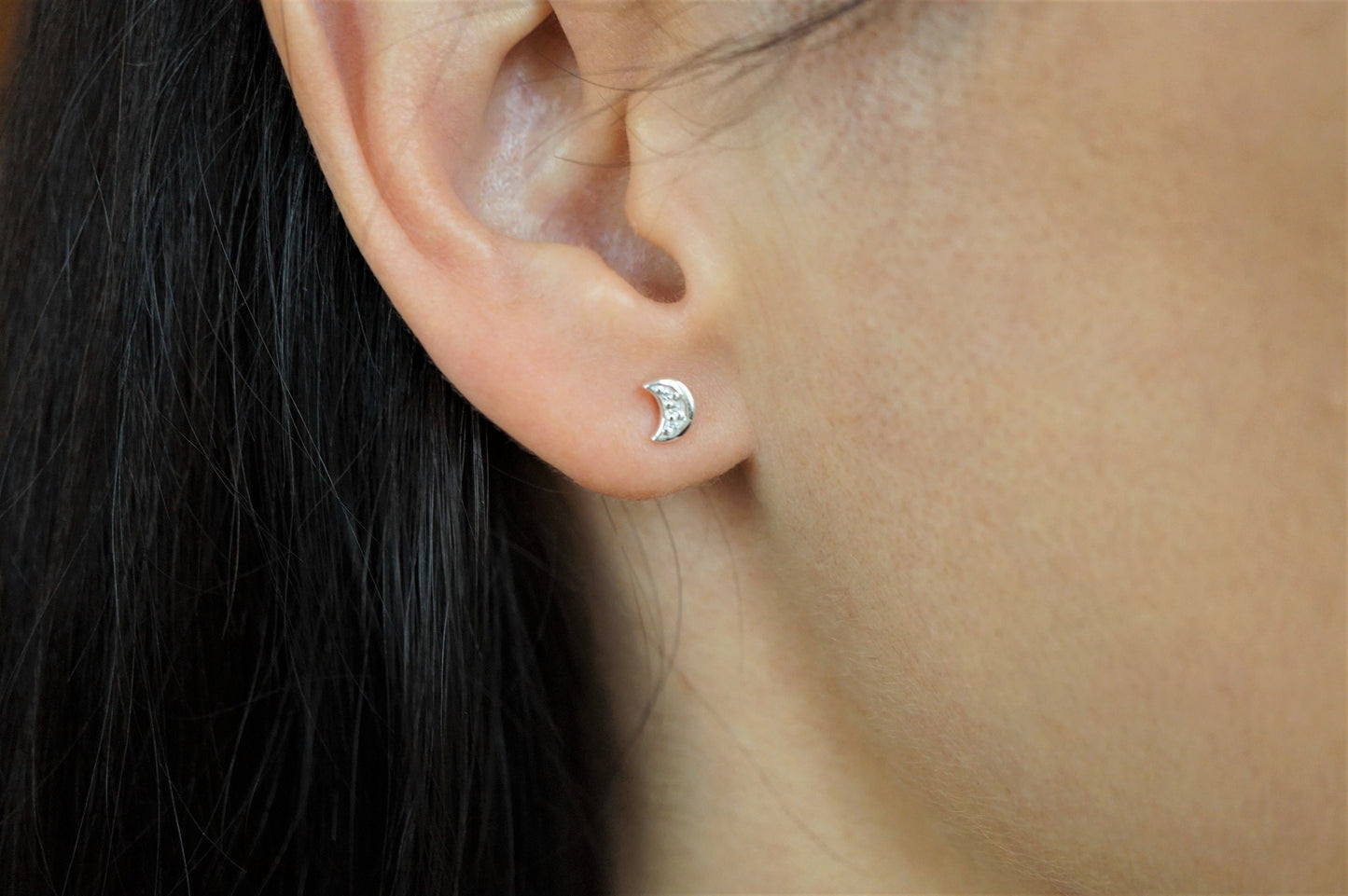 Small Sterling Silver Moon Zirconia Stud, Dainty Stud Earrings, Crescent moon jewellery