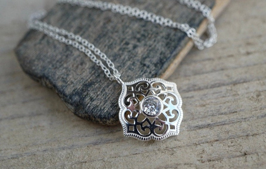Dainty Ornate Sterling Silver Necklace * Arabesque * Moroccan * Feminine * Layered necklace