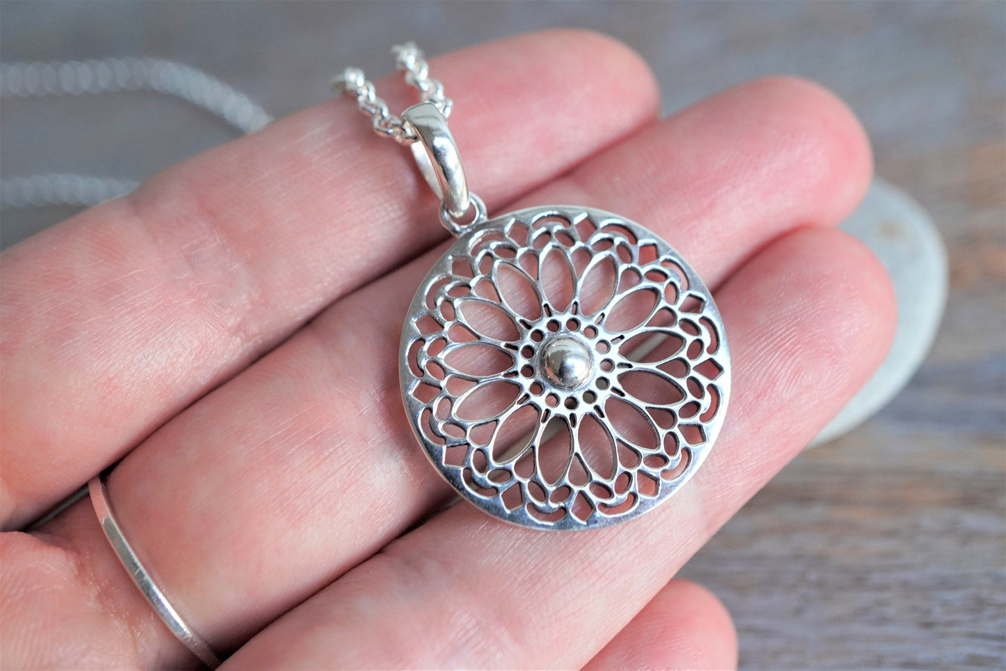 Beautiful Flower Mandala Sterling Silver Necklace * Silver Mandala