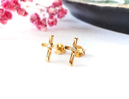 Gold Cross Stud Earrings with Diamond * Gold Plated Sterling Silver Stud * Faith jewellery