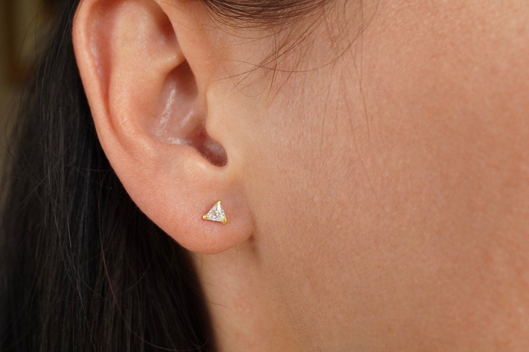 Gold Triangle Sterling Silver Stud, Small Feminine Earrings