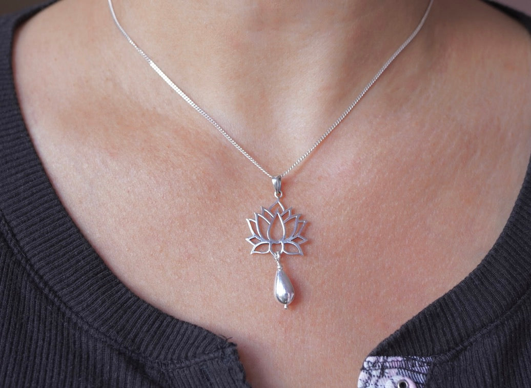Lotus Flower Serling Silver Pendant Necklace with Teardrop Charm * Gift for nature lovers * Minimalist Yoga Jewellery