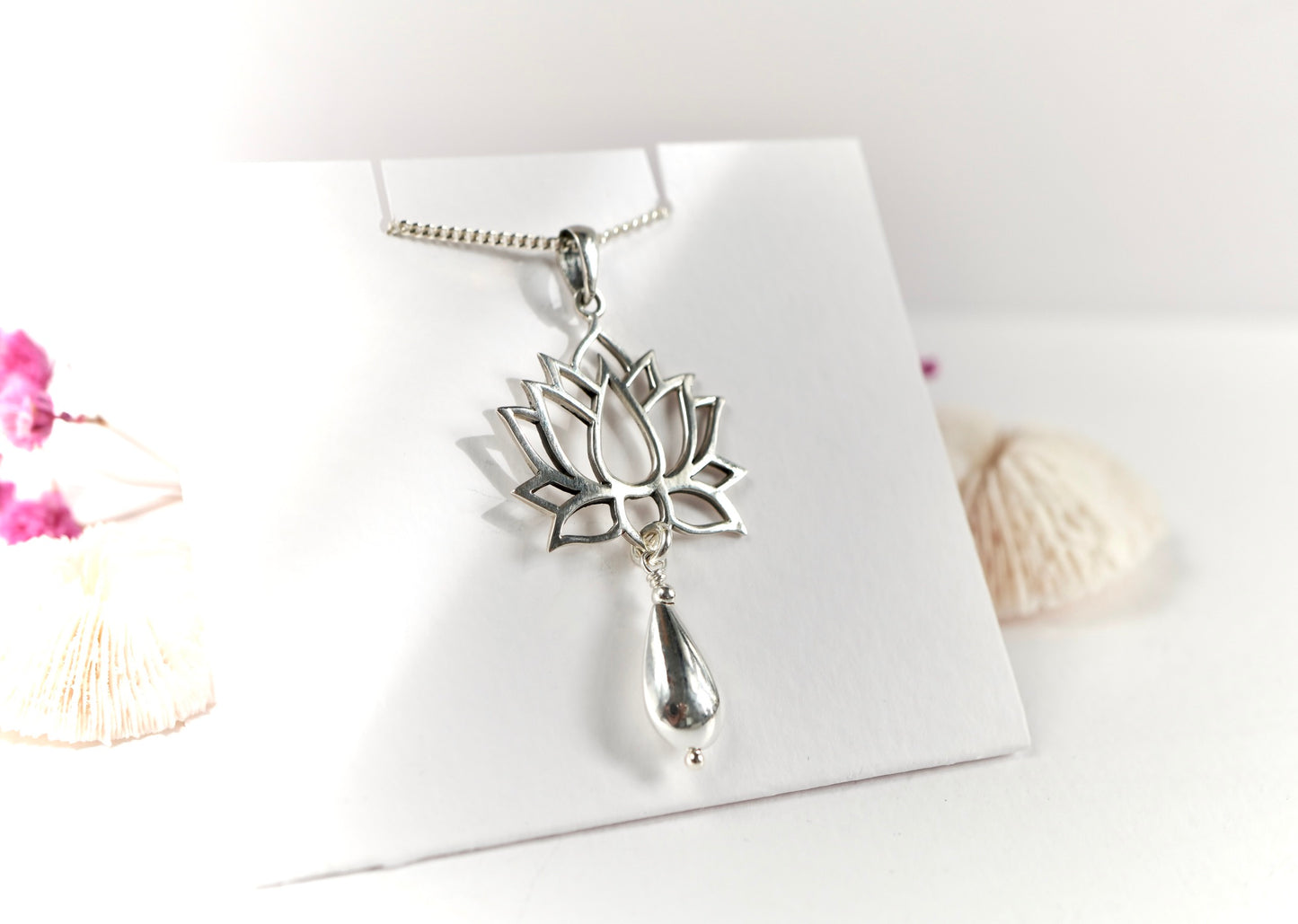 Lotus Flower Serling Silver Pendant Necklace with Teardrop Charm * Gift for nature lovers * Minimalist Yoga Jewellery