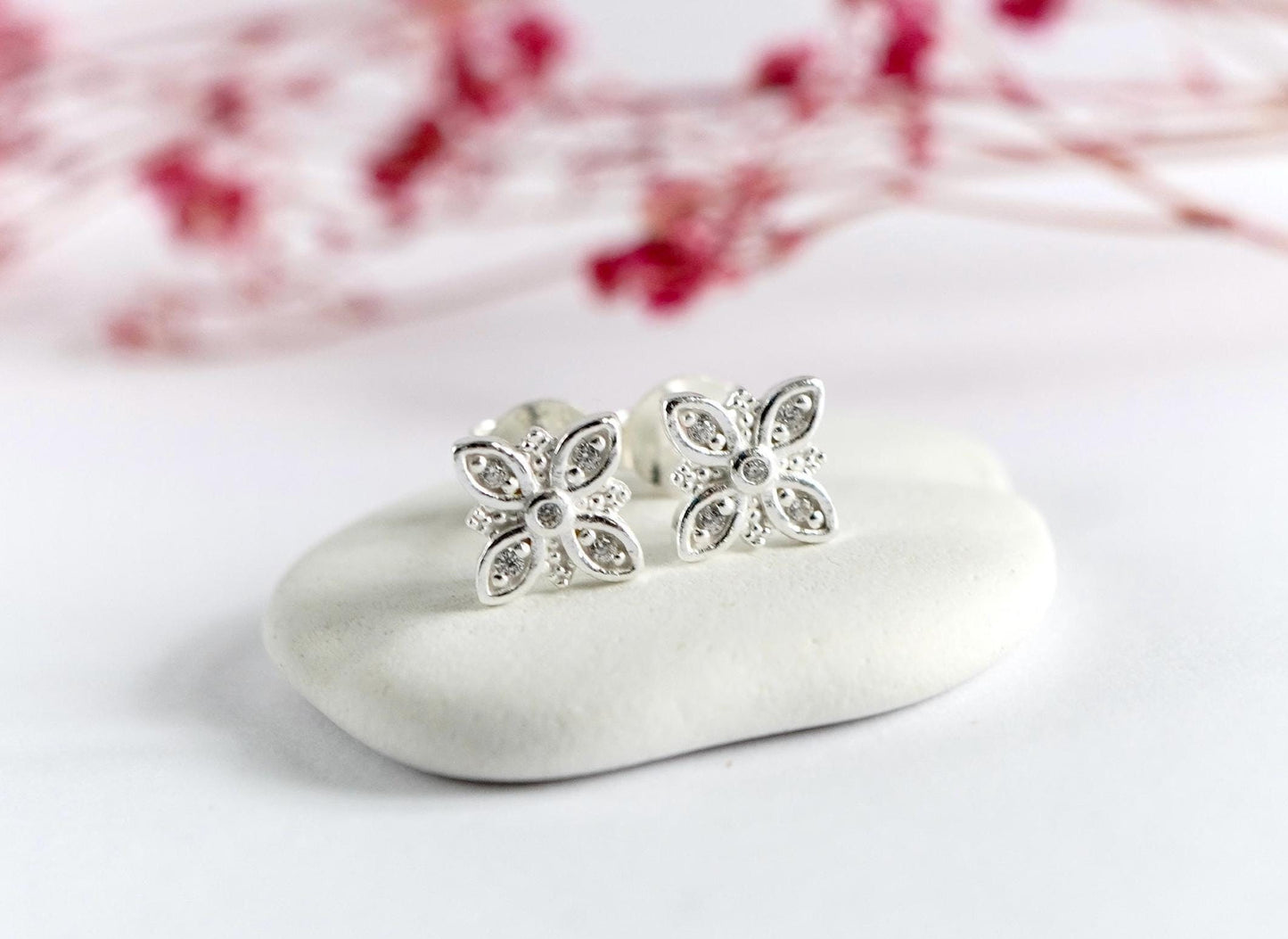 Four Petal Sterling Silver Stud Earrings * Petal cross * Quatrefoil