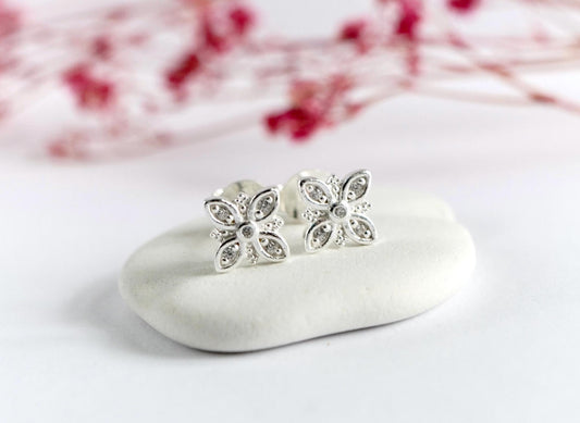 Four Petal Sterling Silver Stud Earrings * Petal cross * Quatrefoil