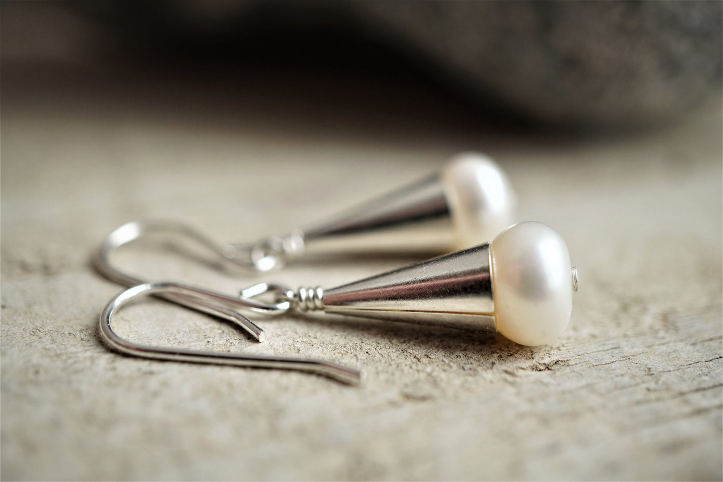 Pearl Cone drop Earrings * Dangle earrings * Bridesmaid gift  * Pearl earrings * Gift for her