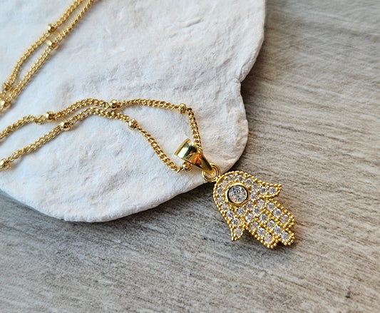 Gold Hamsa Hand Necklace, Talisman Necklace, Fatima Hand, Dainty Feminine, Gift for her