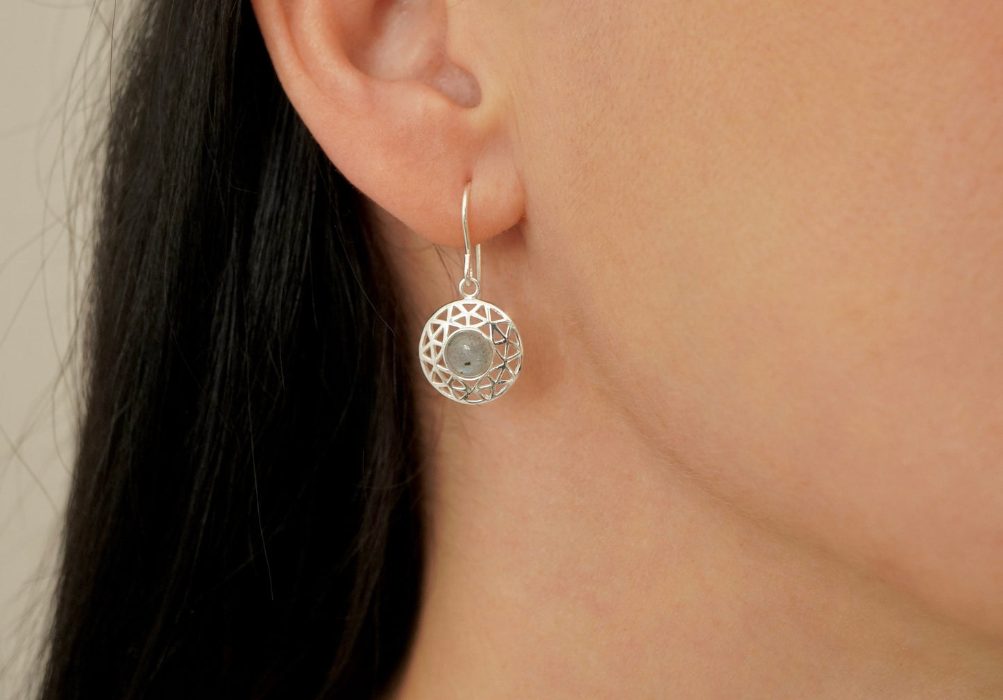 Round Sterling Silver Labradorite Stone Earrings