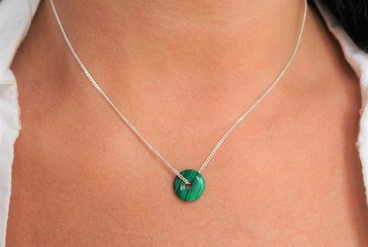 Cute Malachite Donut Sterling Silver Necklace * Gift for her * Green stone * Protection stone