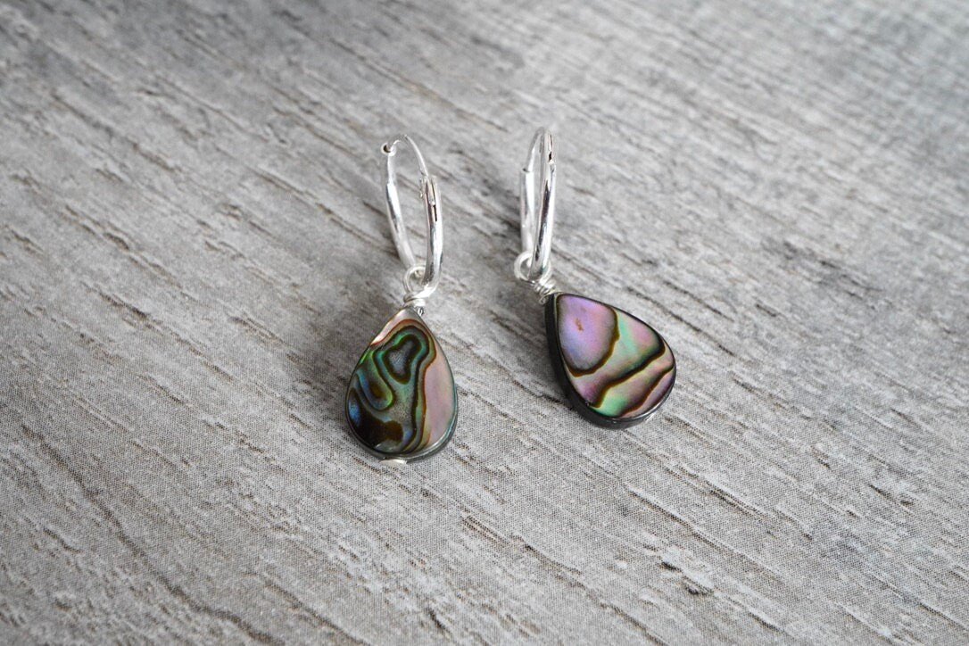 Cute Abalone Shell Drop Earrings * Sterling Silver Earrings * Hoop Earrings