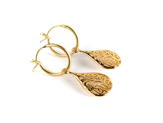 Gold Filigree Drop Hoop Earrings * Boho earrings *  Hoop * Feminine jewellery