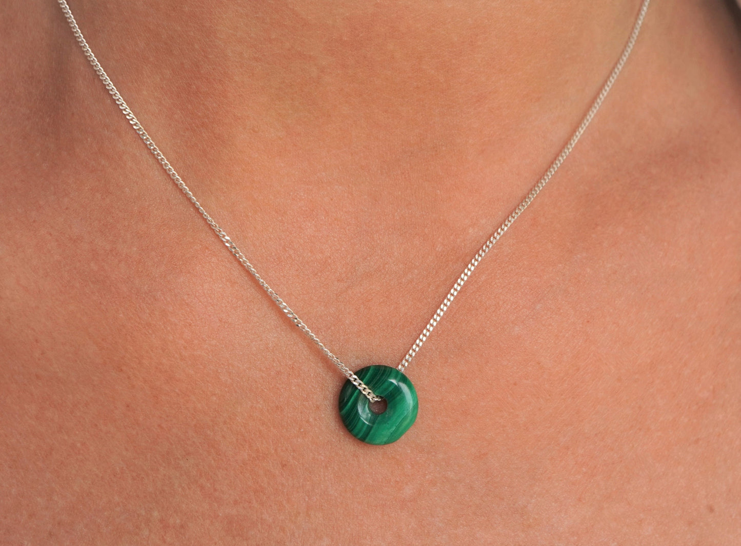 Cute Malachite Donut Sterling Silver Necklace * Gift for her * Green stone * Protection stone