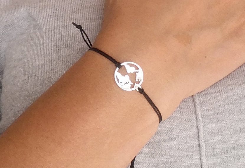 Sterling Silver Word Map Cord Bracelet * Travel fan * Map jewelry