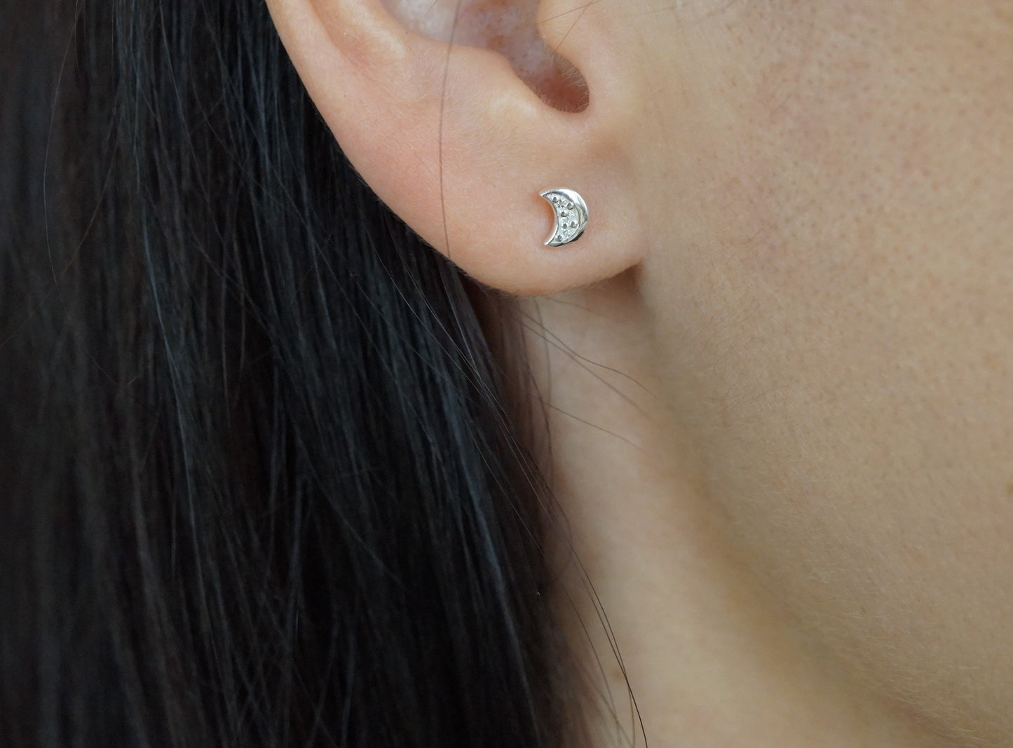 Small Sterling Silver Moon Zirconia Stud, Dainty Stud Earrings, Crescent moon jewellery