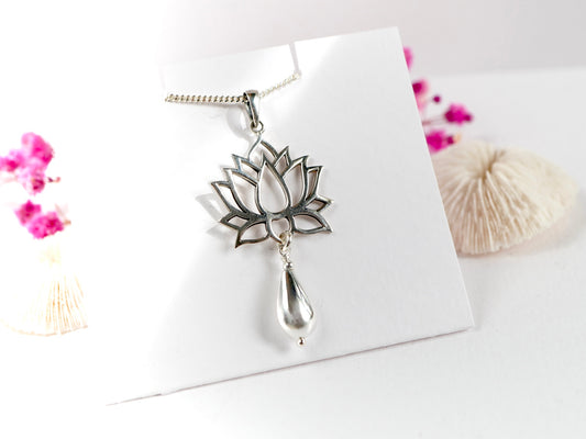 Lotus Flower Serling Silver Pendant Necklace with Teardrop Charm * Gift for nature lovers * Minimalist Yoga Jewellery