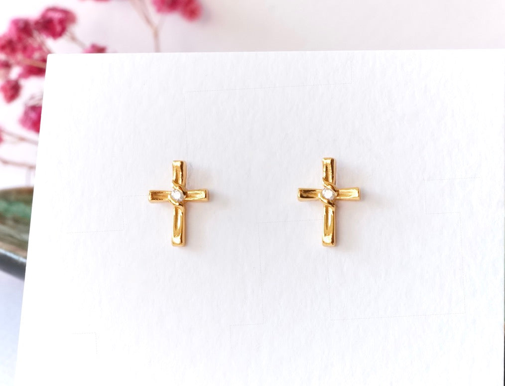 Gold Cross Stud Earrings with Diamond * Gold Plated Sterling Silver Stud * Faith jewellery
