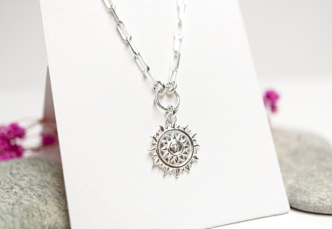 Sun Paperclip Sterling Silver Necklace * Boho Sun Charm Necklace