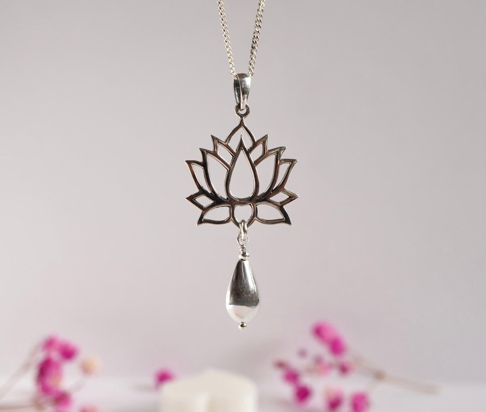 Lotus Flower Serling Silver Pendant Necklace with Teardrop Charm * Gift for nature lovers * Minimalist Yoga Jewellery