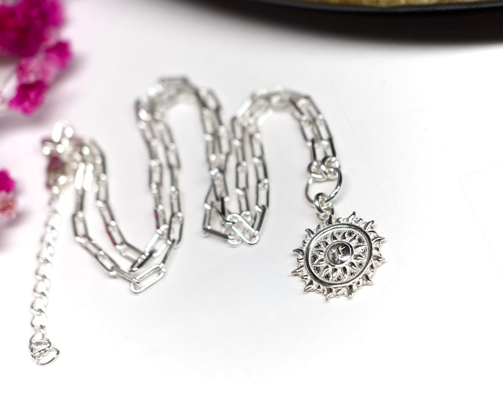 Sun Paperclip Sterling Silver Necklace * Boho Sun Charm Necklace