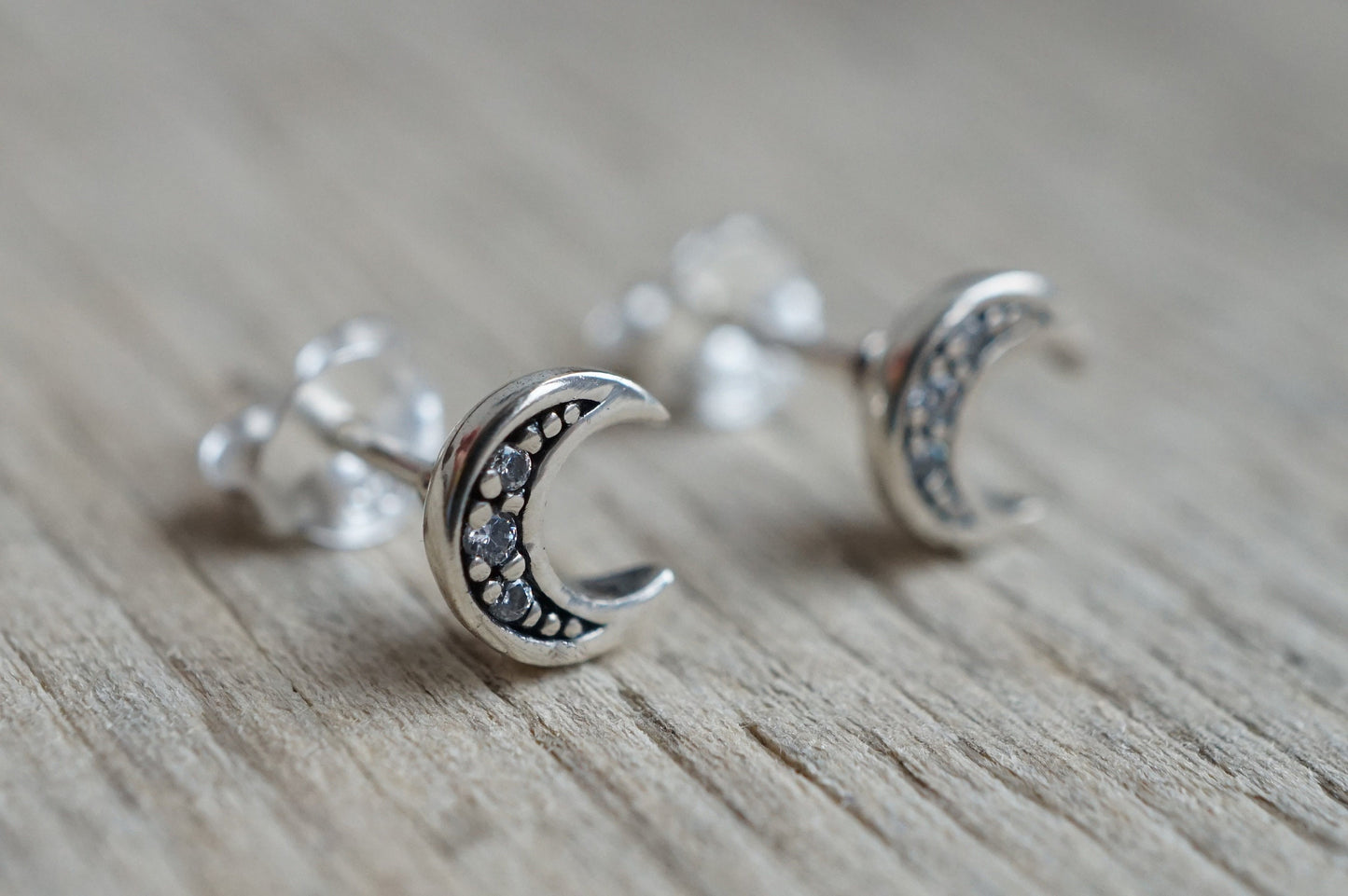 Sterling Silver Moon Zirconia Earrings, Stud earrings, Crescent moon jewelry