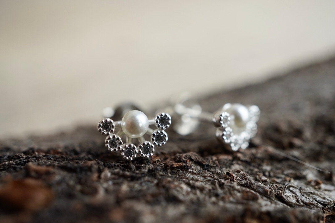Cute Small Fan Pearl Stud Earrings * Bridesmaid gift  * Pearl earrings * Gift for her
