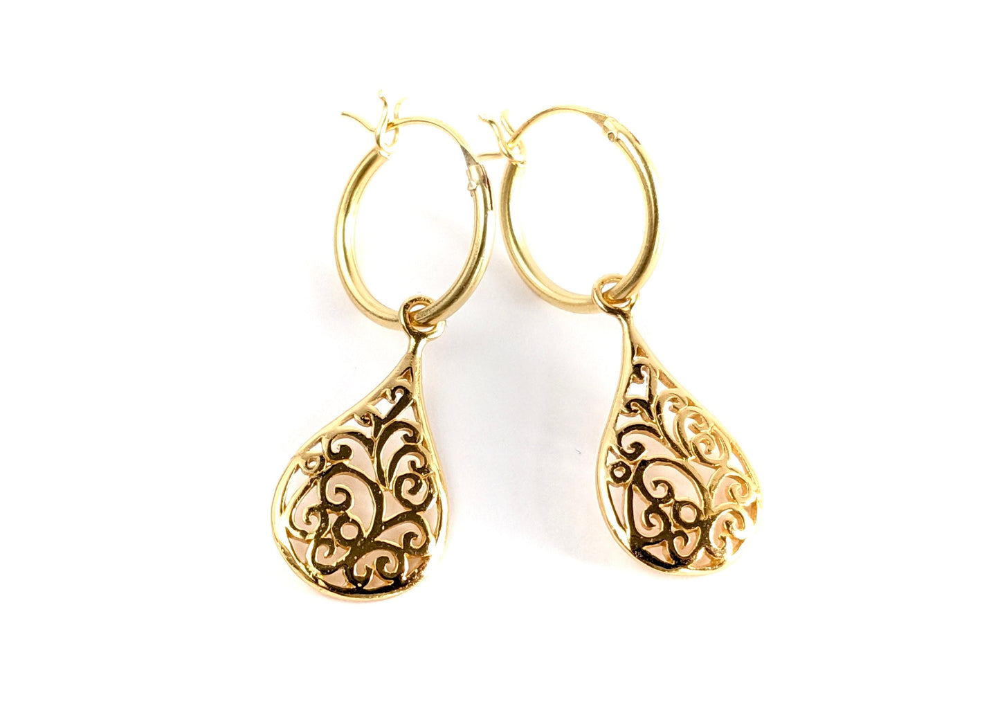 Gold Filigree Drop Hoop Earrings * Boho earrings *  Hoop * Feminine jewellery