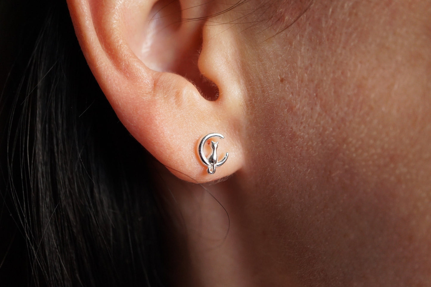 Cute Cat Moon Sterling Silver Necklace * Cat fan * Cat jewellery * Wiccan * Moon stud