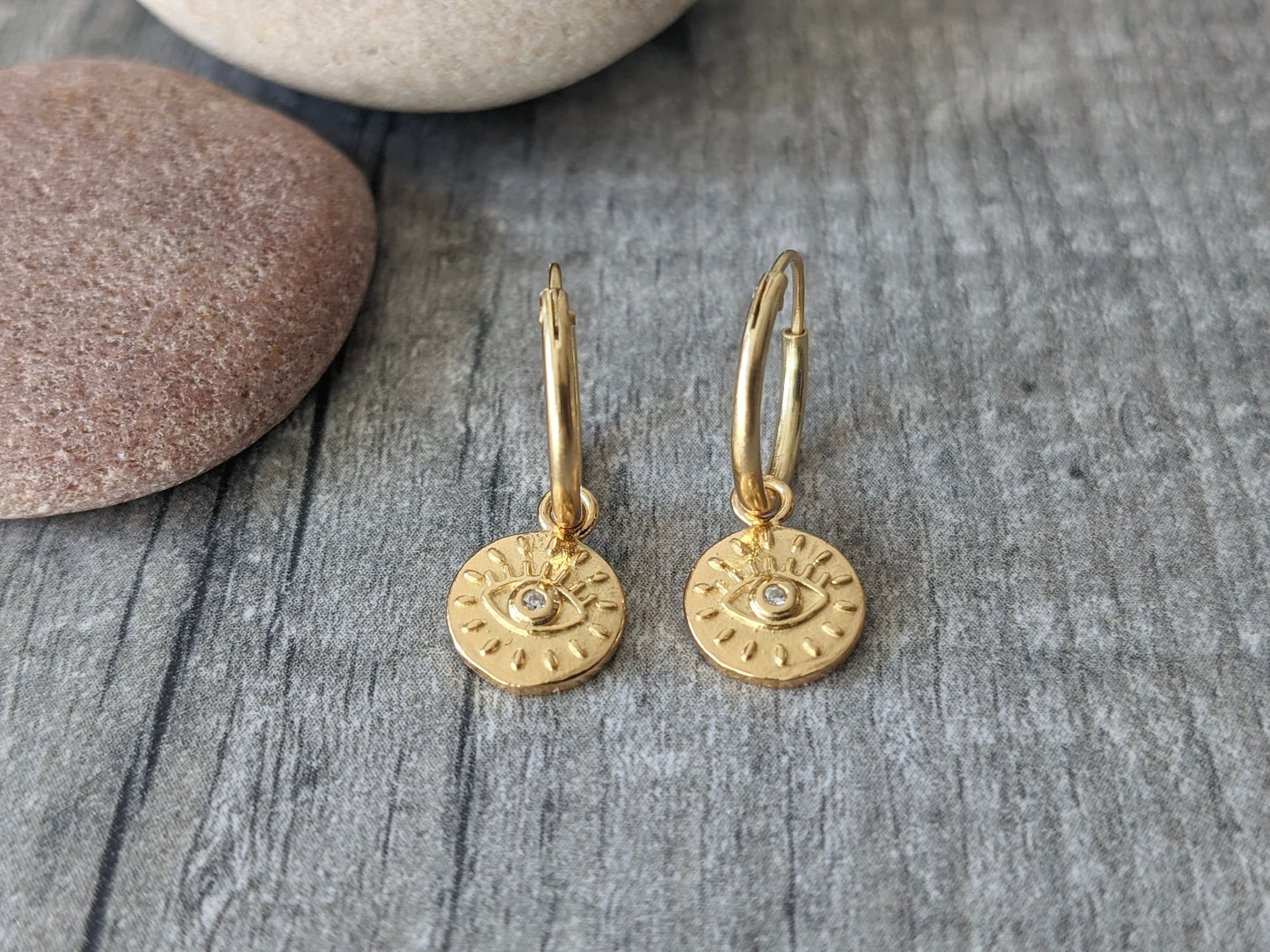 Gold Evil Eye Hoop Earrings * Boho hoops * Feminine jewellery Evil Eye Sterling Silver * Talisman jewellery * Amulet