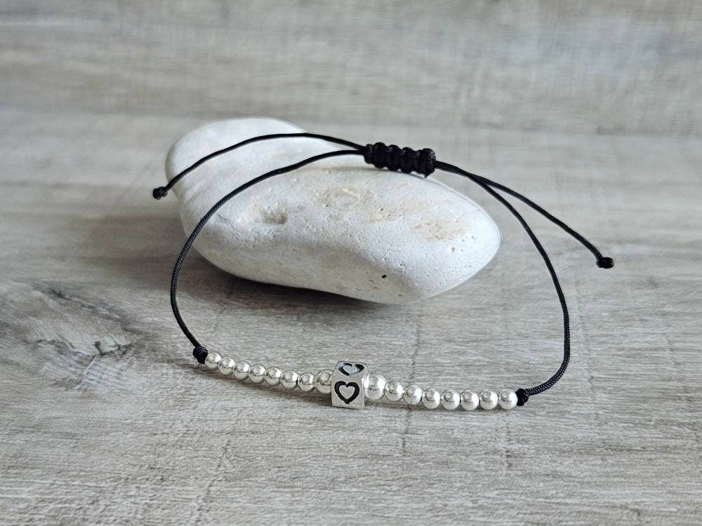 Sterling Silver Heart Cube Cord Bracelet*  Dainty* Feminine*