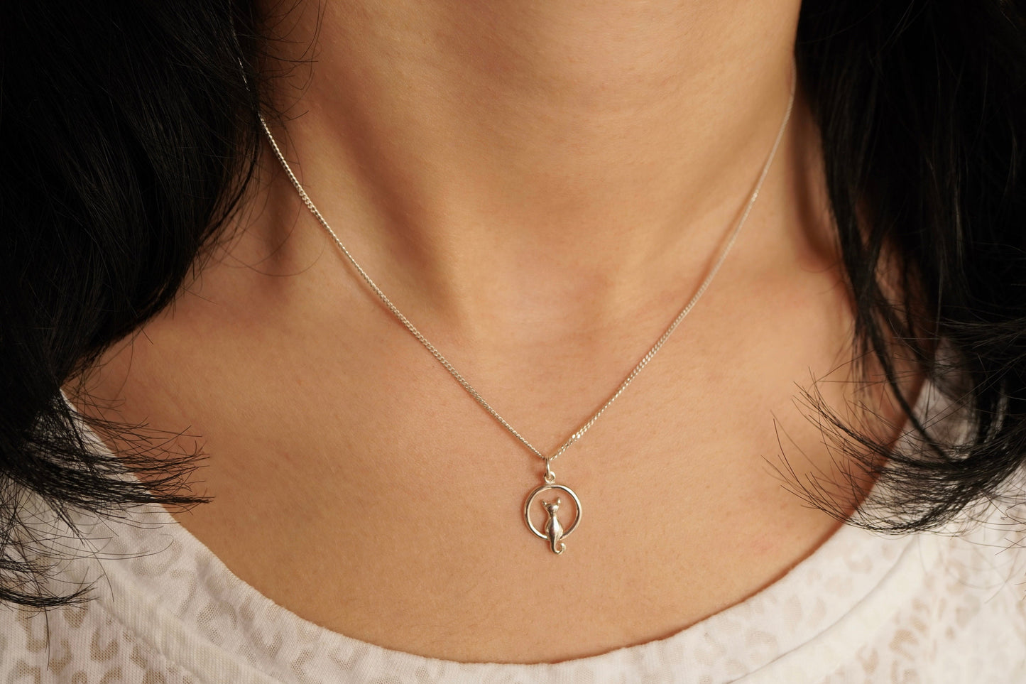 Cute Cat Moon Sterling Silver Necklace * Cat fan * Cat jewellery * Wiccan * Moon stud