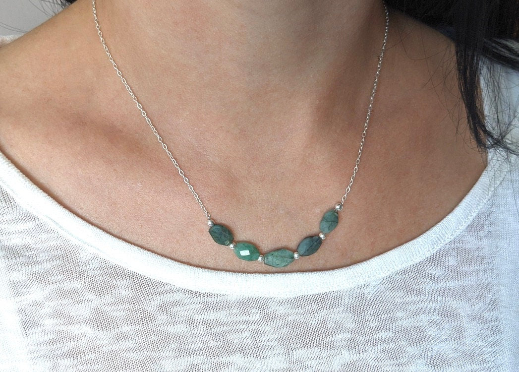 Emerald Sterling Silver Necklace * Birthstone of May * Green stone necklace