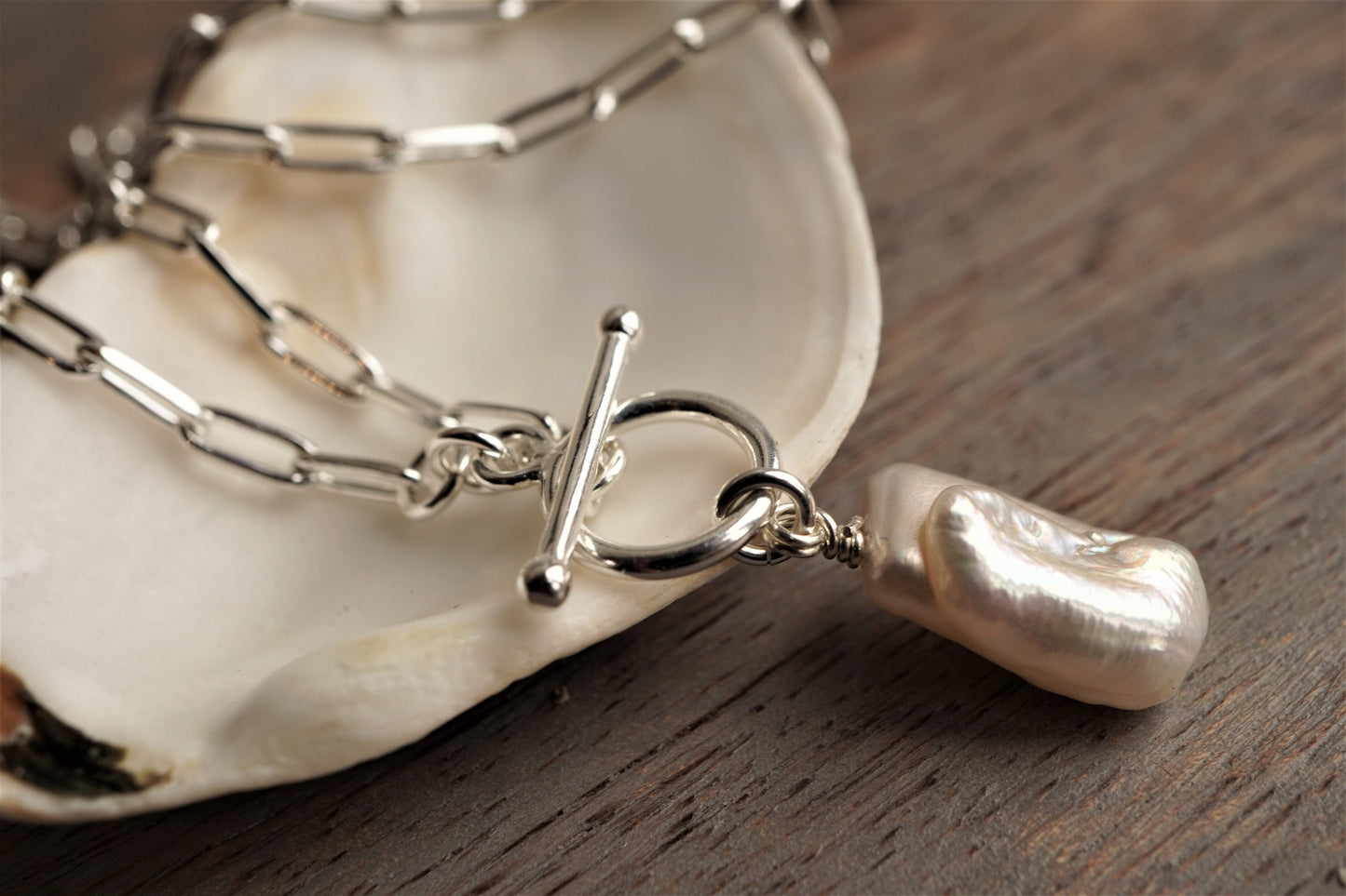 Paperclip Pearl Sterling Silver Necklace* Long link Necklace* Gift For Her