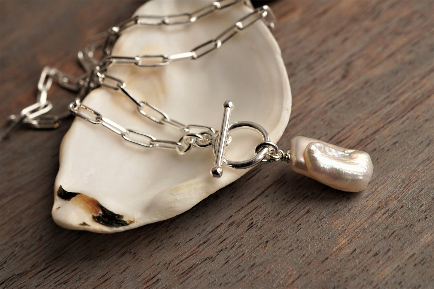 Paperclip Pearl Sterling Silver Necklace* Long link Necklace* Gift For Her