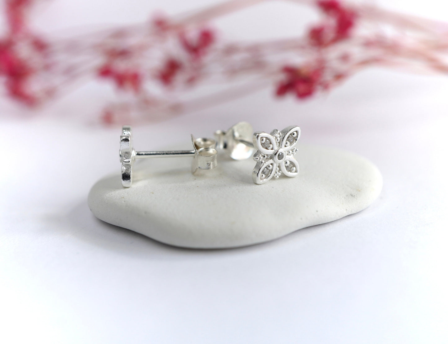 Four Petal Sterling Silver Stud Earrings * Petal cross * Quatrefoil