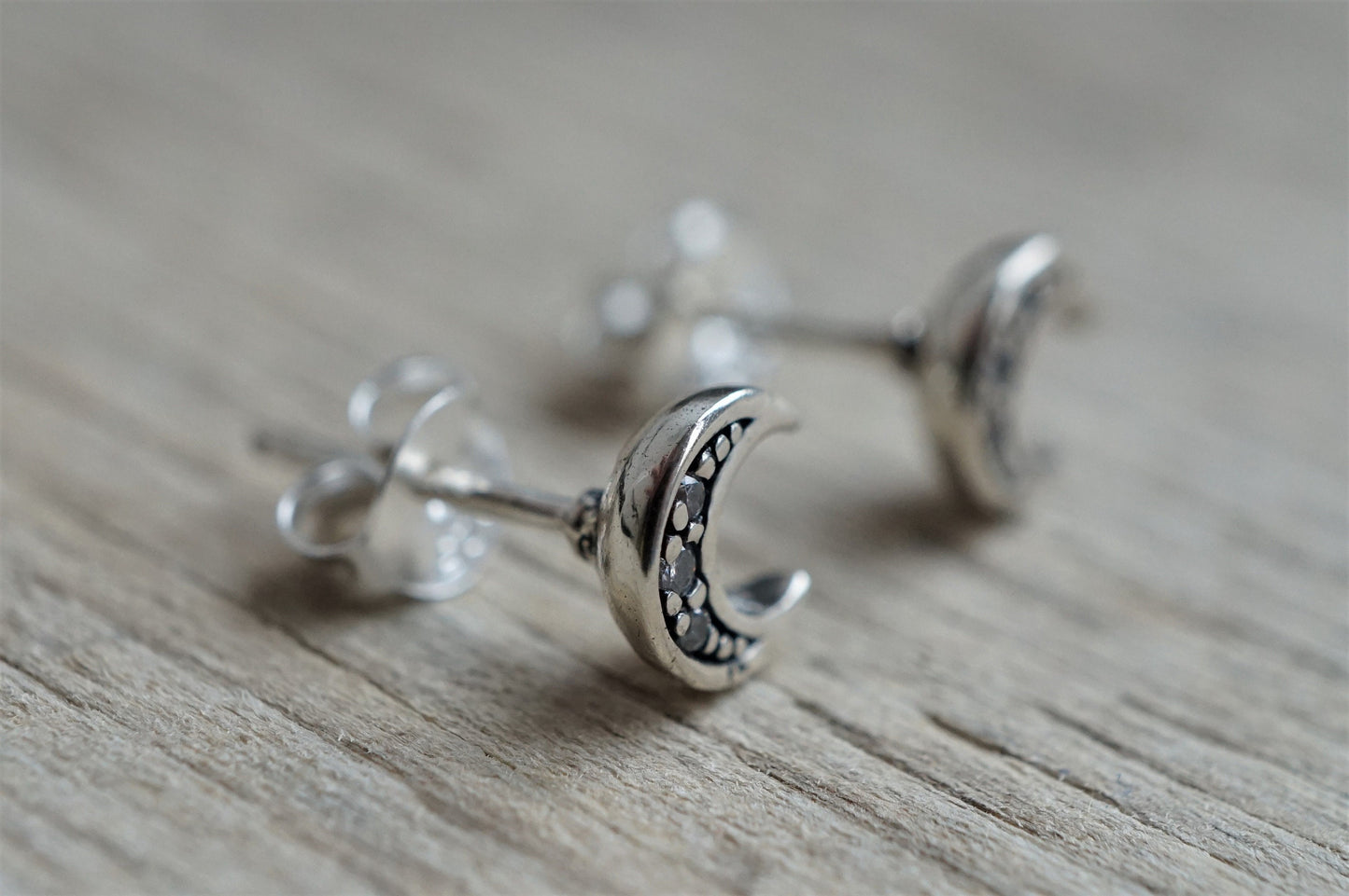 Sterling Silver Moon Zirconia Earrings, Stud earrings, Crescent moon jewelry