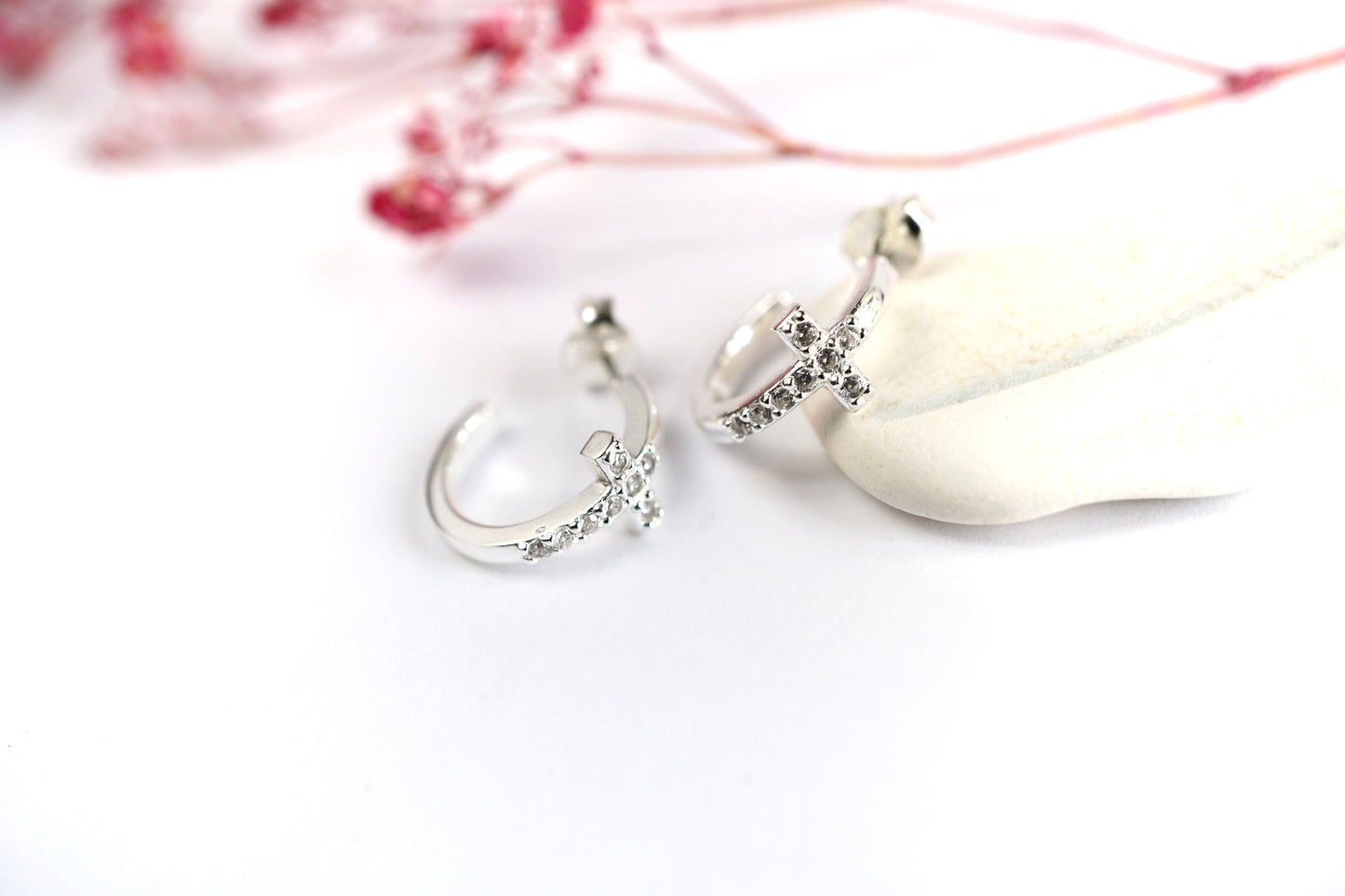 Silver Cross Half Hoop Earrings *Sterling Silver * Cross jewellery