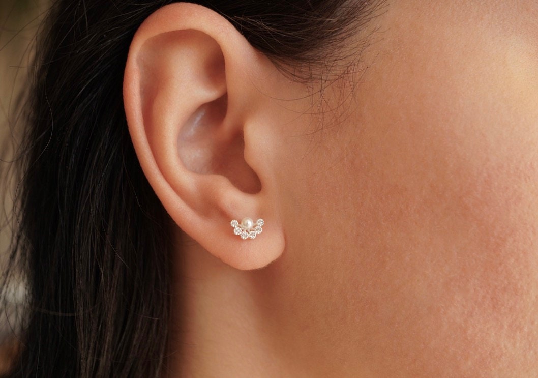 Cute Small Fan Pearl Stud Earrings * Bridesmaid gift  * Pearl earrings * Gift for her