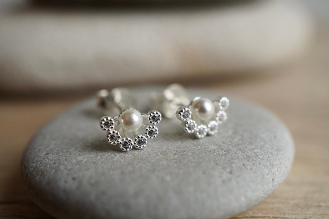 Cute Small Fan Pearl Stud Earrings * Bridesmaid gift  * Pearl earrings * Gift for her
