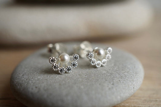 Cute Small Fan Pearl Stud Earrings * Bridesmaid gift  * Pearl earrings * Gift for her