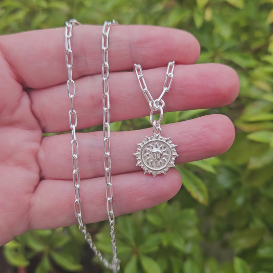 Sun Paperclip Sterling Silver Necklace * Boho Sun Charm Necklace